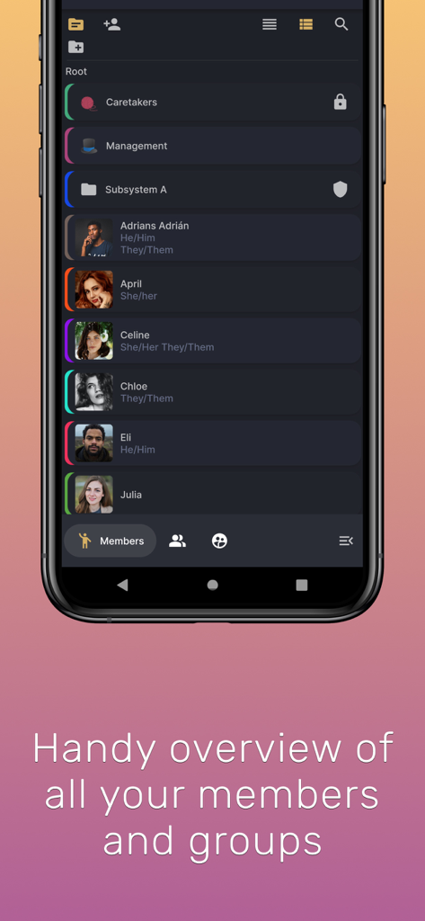 Smartphone-Bildschirm mit einer Liste von Systemmitgliedern und Organisationsordnern innerhalb der Simply Plural App