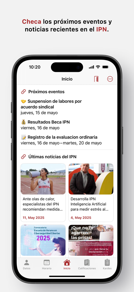 SAES for Studentsアプリのホームページ。今後のIPNイベントやニュース記事が表示されます。