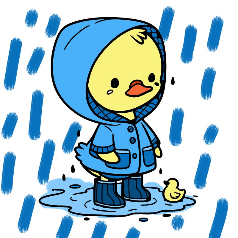 baby duck in a rain coat and boots, in a puddle while it’s raining