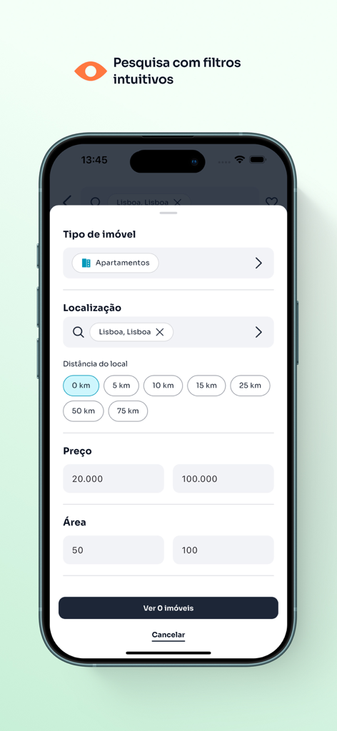 Interfaz de la aplicación móvil Imovirtual que muestra filtros de búsqueda de propiedades por ubicación, precio y área en Portugal
