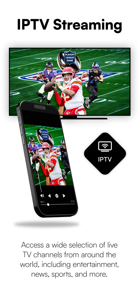 La aplicación Airpin Pro mostrando transmisión de IPTV de deportes en vivo desde un iPhone a un televisor inteligente.