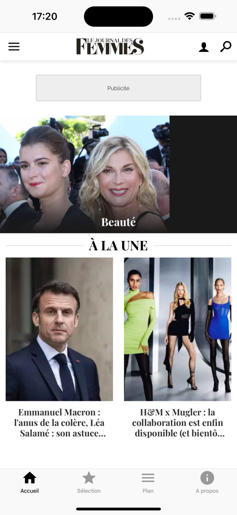 Screenshot of the Journal des Femmes app home screen showing headlines for beauty fashion and news articles.