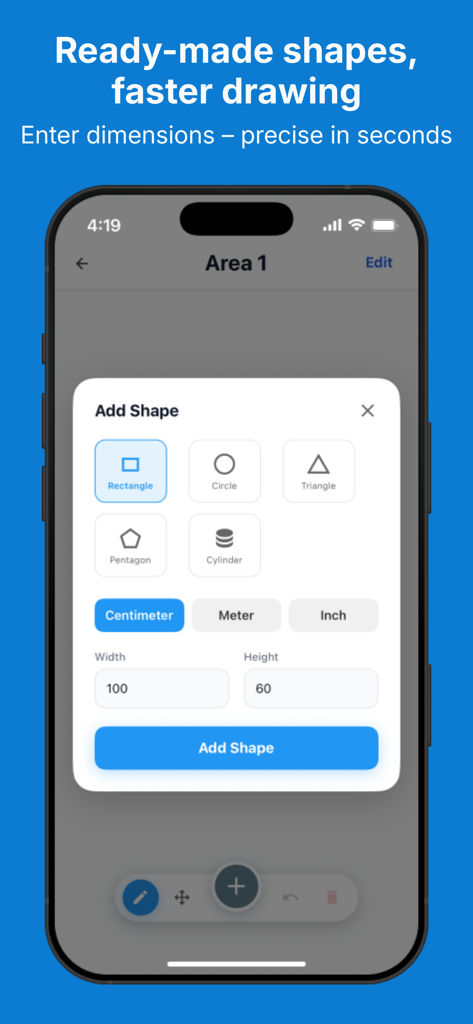 Measure Book - Measure Book アプリインターフェイス。既製の図形を追加し、迅速な描画のために寸法を入力するためのメニューを示します。