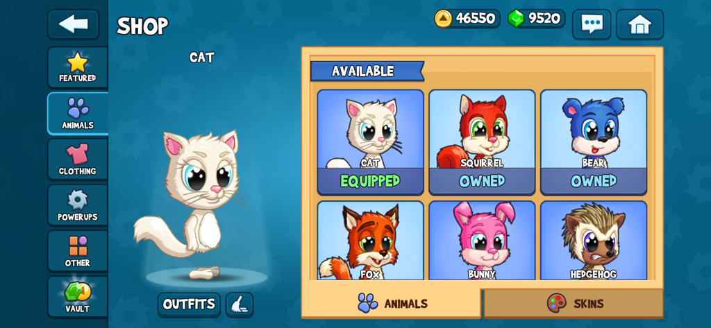 The animal customization shop in Fun Run 3 showing various character options like cat and squirrel
