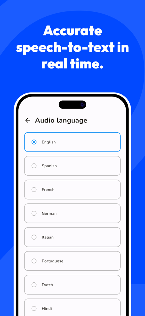 Voice Note Taker AI Simple - Mobile app interface showing various audio language options for speech to text transcription
