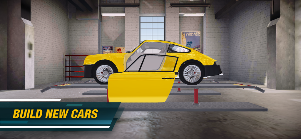 A yellow sports car being assembled on a lift in a garage workshop with the text build new cars