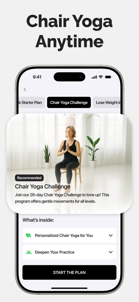 Lotus Flow - Yoga & Workout - A mobile app interface from Lotus Flow showing a 28-day chair yoga challenge with a woman practicing a seated yoga pose.