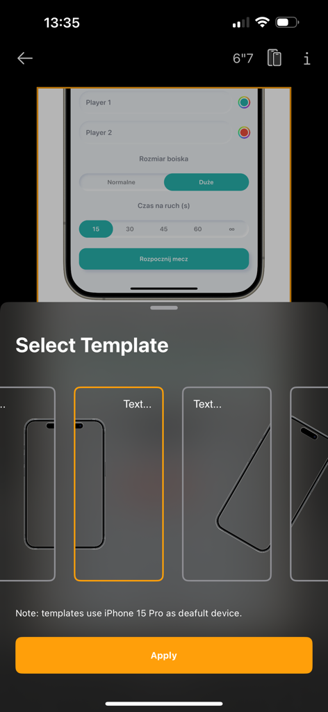 Interfaz de App Previews mostrando varias plantillas de diseño de mockups de iPhone 15 Pro para seleccionar.