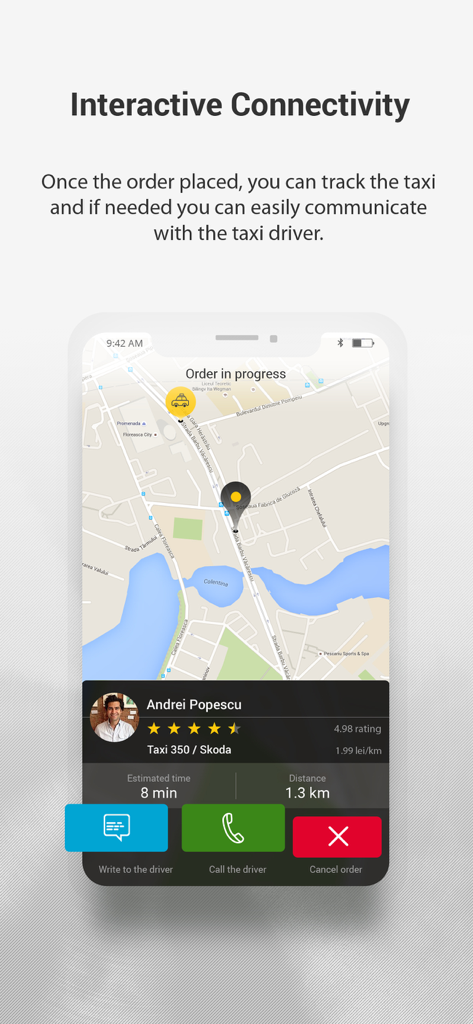 Interfaccia dell'app Star Taxi che mostra il tracciamento in tempo reale del taxi su una mappa con dettagli dell'autista e opzioni di comunicazione
