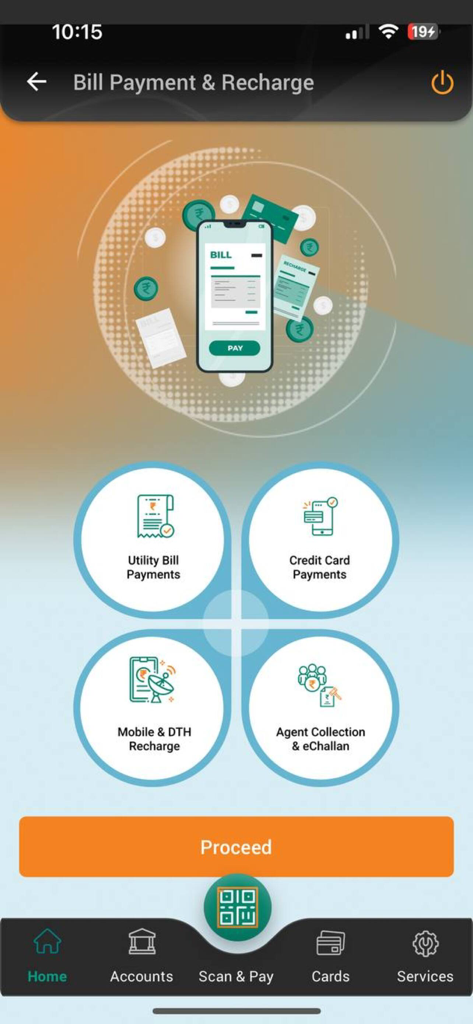 IDBI Bank GO Mobile+ - Interfaz de la aplicación IDBI Bank GO Mobile que muestra opciones de pago de facturas de servicios públicos y recarga de móviles