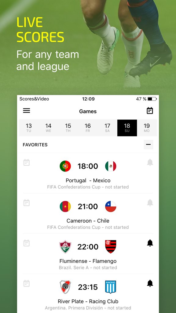 Scores & Video: soccer 2018 - Application de football Scores and Video affichant les scores en direct et les calendriers des matchs de différentes ligues.