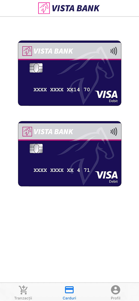 Vista 3D Secure app interface displaying two linked Vista Bank Visa debit cards in the cards section