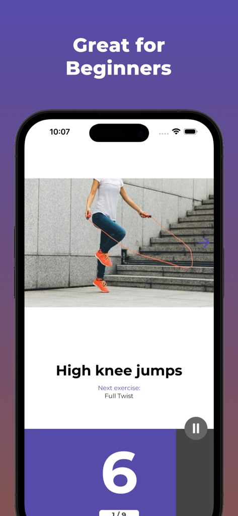 Mobile app screen for beginner jump rope workout featuring high knee jumps
