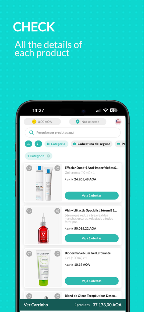 Appy Saúde - Interface da aplicação móvel Appy Saúde a mostrar uma lista de produtos de cuidados da pele com preços em Kwanzas