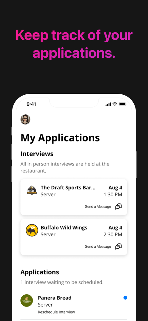 Seasoned: Jobs & Community - Seasoned 앱의 모바일 화면, 레스토랑 직책에 대한 예약된 면접 및 지원 목록 표시