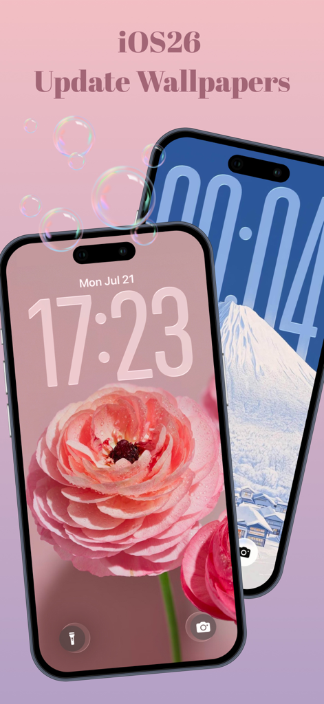 Daily Theme: Aesthetic Widgets - Dos iPhones que muestran temas estéticos de pantalla de bloqueo con una flor rosa y un fondo de pantalla de montaña nevada