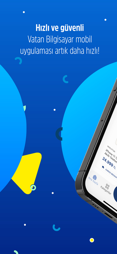 Interface do aplicativo móvel Vatan Bilgisayar em um smartphone destacando velocidade e compras seguras