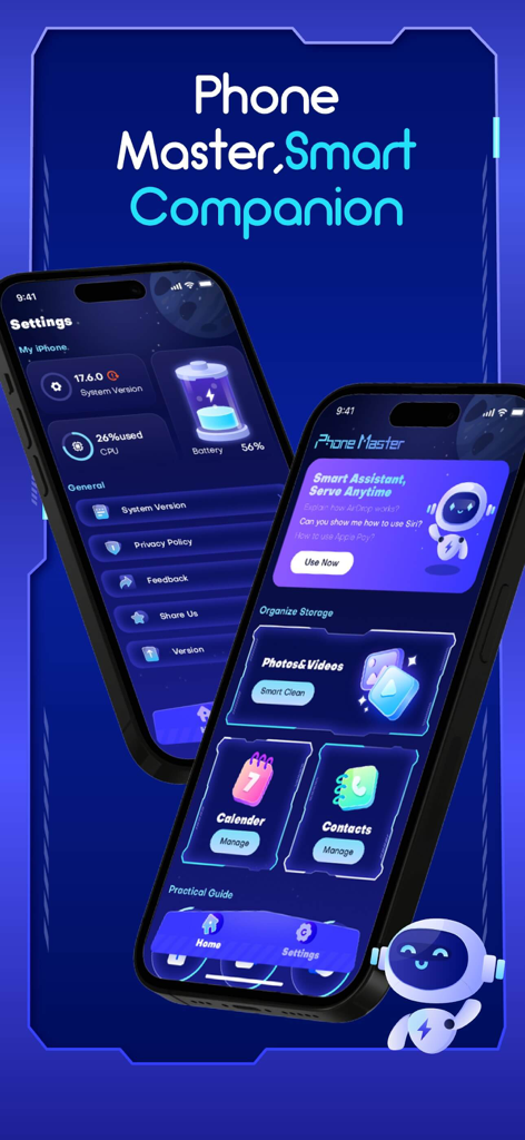 Phone Master-Clean Master - Screenshot of Phone Master app displaying system information, smart assistant, and storage cleaning features on two iPhone screens with a friendly robot mascot.