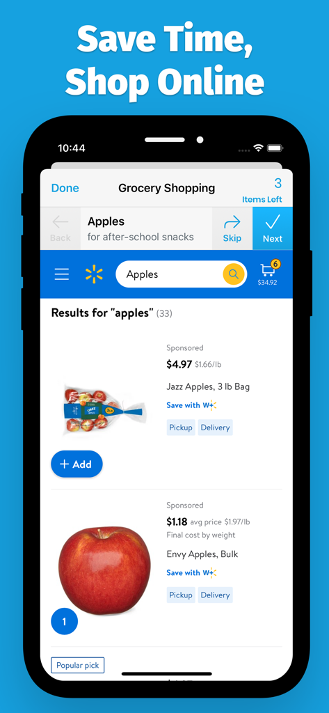 AnyList: Grocery Shopping List - AnyListアプリのインターフェース。リンゴのオンライン食料品ショッピング検索結果が表示され、ピックアップと配送オプションがあります。