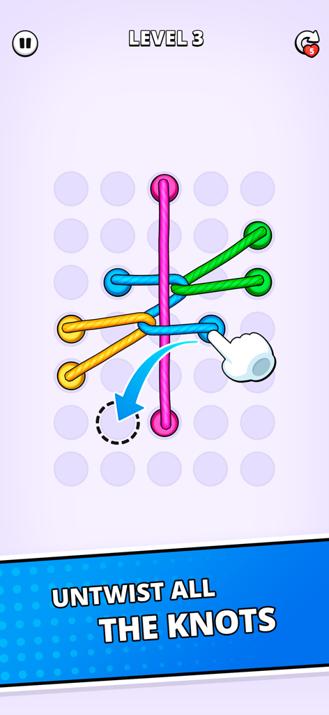 Rope Puzzle: Twisted Master - Una mano moviendo un alfiler azul para desenredar cuerdas de colores en el juego Rope Puzzle