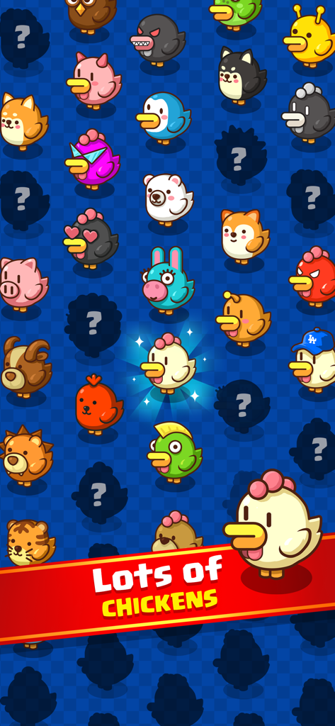 Merge Chicken - Idle Tycoon - A grid showcasing various cute and colorful cartoon chicken characters from the Merge Chicken game