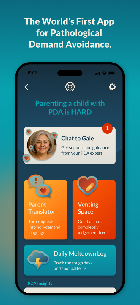 PDA Pro for Demand Avoidance - Interface de l'application PDA Pro montrant des outils pour les parents comme un traducteur de langue et un journal des crises.