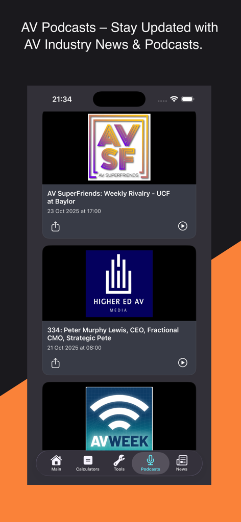 AV Buddy - AV Buddy 모바일 애플리케이션에서 사용할 수 있는 전문 오디오 비디오 산업 팟캐스트 목록