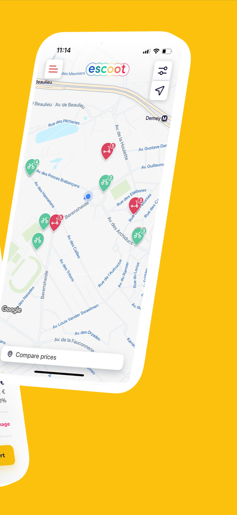 eScoot | e-scooters near you - Map interface of the eScoot app showing locations of available electric scooters and bikes nearby