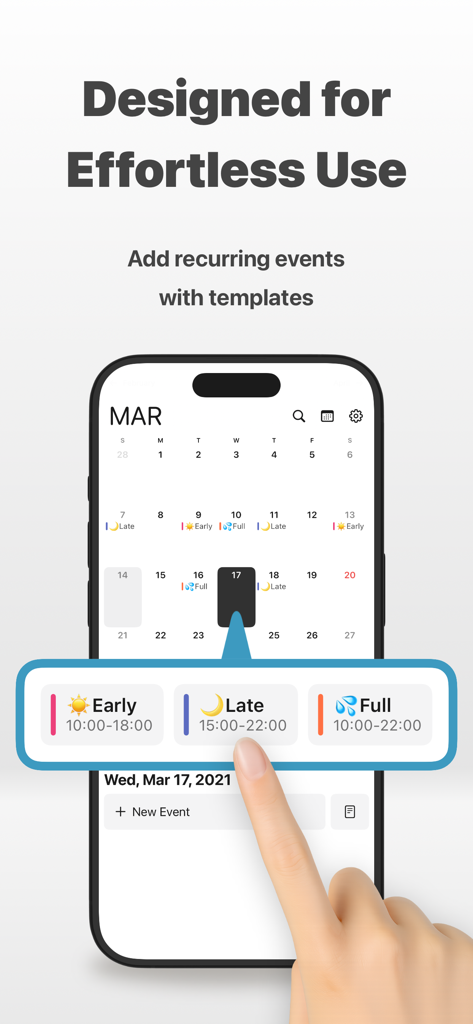 minical - Planner & Calendar - Tela do iPhone mostrando o aplicativo minical adicionando eventos recorrentes com modelos para diferentes turnos de trabalho, como início cedo e tarde