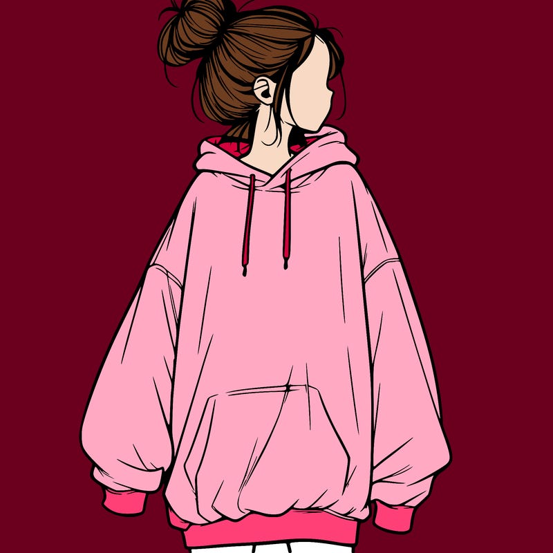 realistic girl with a oversized sweatshirt on and a bun