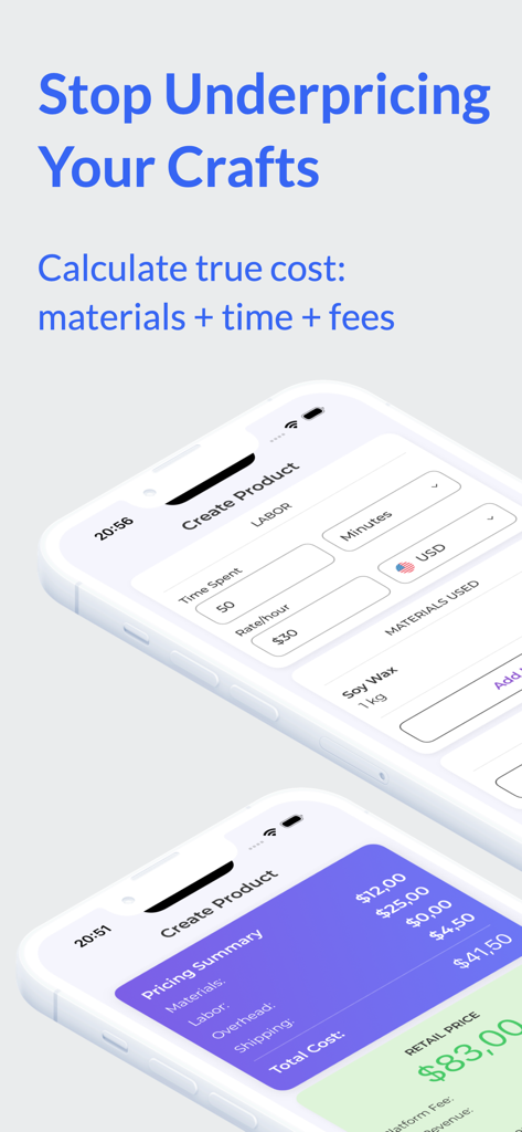 Craft Pricing: Cost & Profit - 材料費、労働力、小売価格の計算が表示されるCraft pricingアプリのインターフェース
