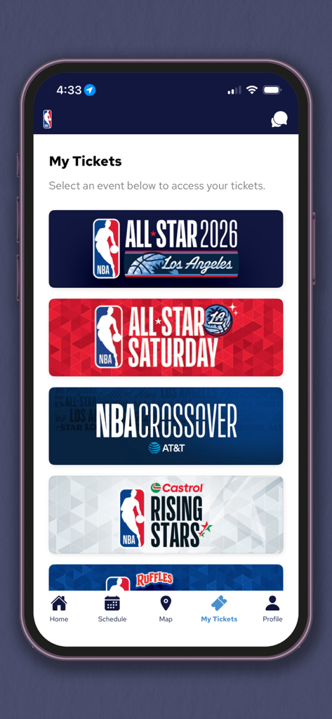 NBA Events - NBA Events app My Tickets screen showing All-Star 2026 and Rising Stars event passes