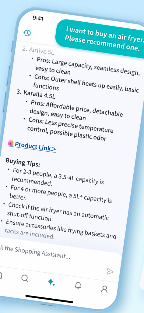 AI shopping assistant in the BigGo app providing product comparisons and buying tips for an air fryer.