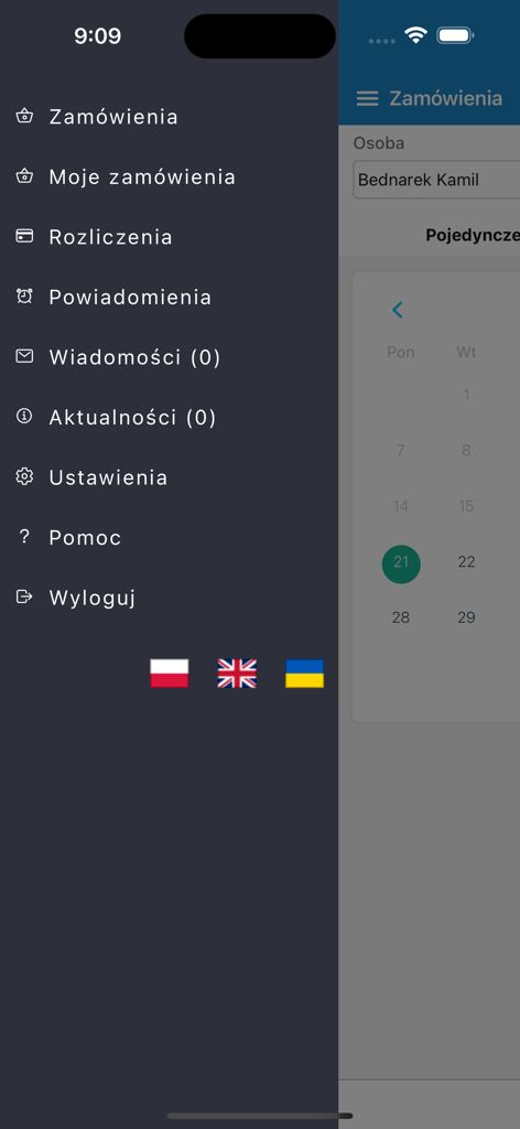 zamowposilek.pl - Menú de navegación lateral de la aplicación zamowposilek con opciones para pedidos, configuración y selección de idioma.