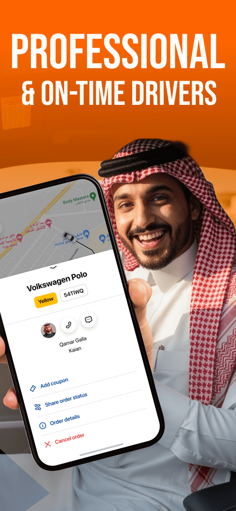 Saudi Ride Hailing : Kaiian - Smartphone screen displaying Kaiian ride hailing app details next to a smiling professional driver