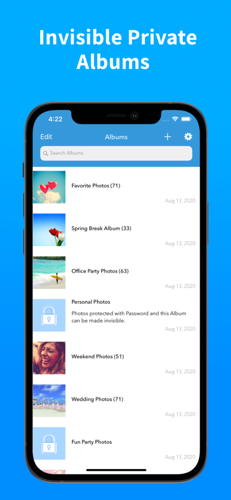Photo Album Private Manager - Smartphone screen showing the Photo Album Private Manager app with a list of public and password protected private albums