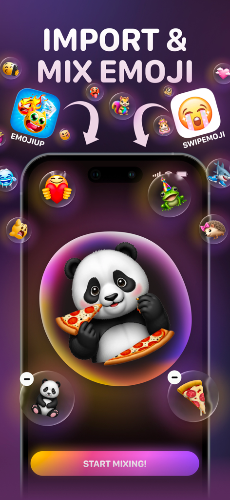 Interface of Mixermoji app showing a panda and pizza slice being mixed to create a panda eating pizza emoji