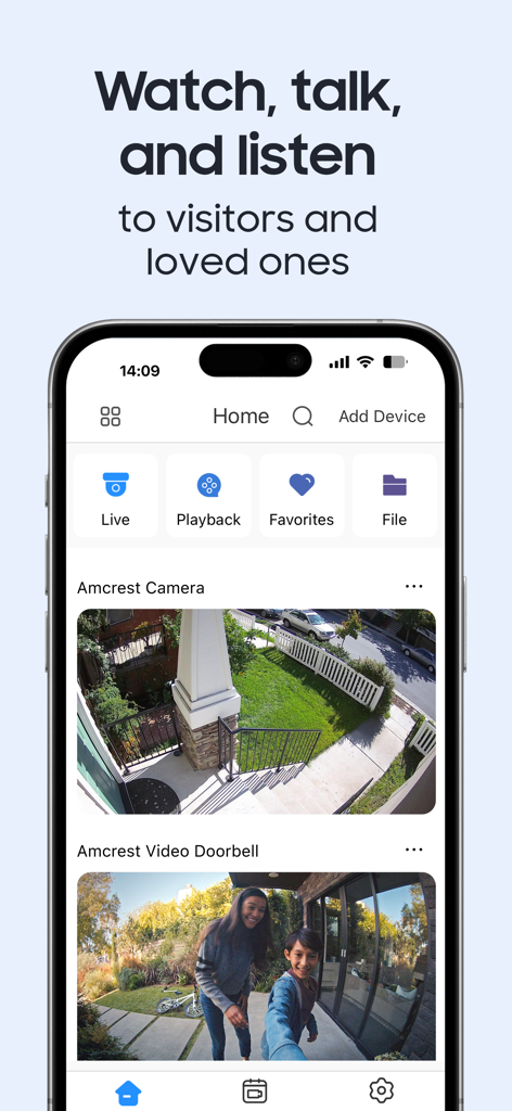 Amcrest View Pro 2 - Amcrest View Pro 2 app home screen showing live security camera and video doorbell feeds