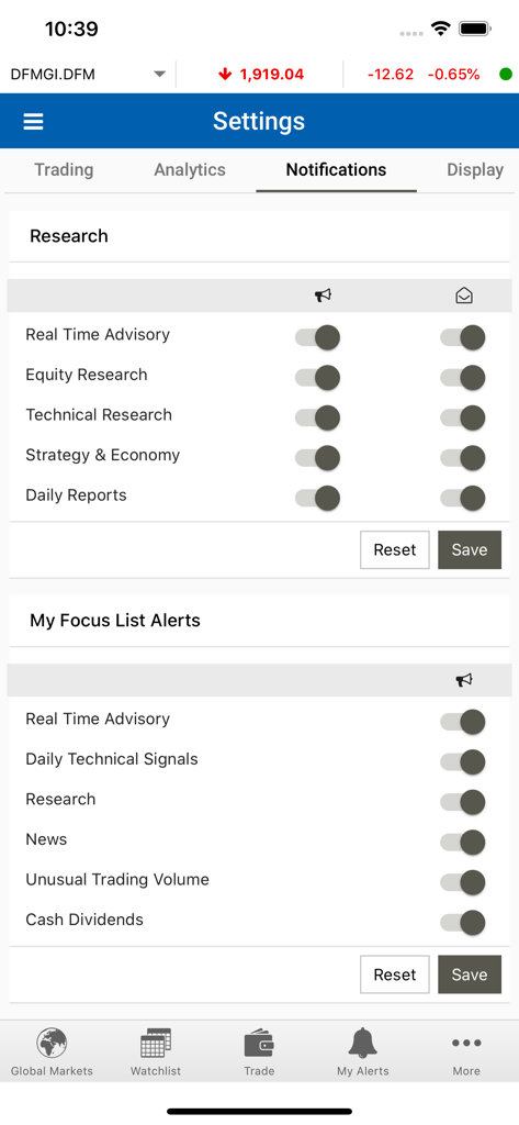 BHM Capital UAE app notification settings screen for market research and trading alerts