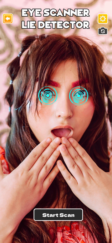 Lie Detector Test - Truth Dare - Uma jovem usando o recurso detector de mentiras por scanner de olhos com círculos de escaneamento sobre seus olhos.