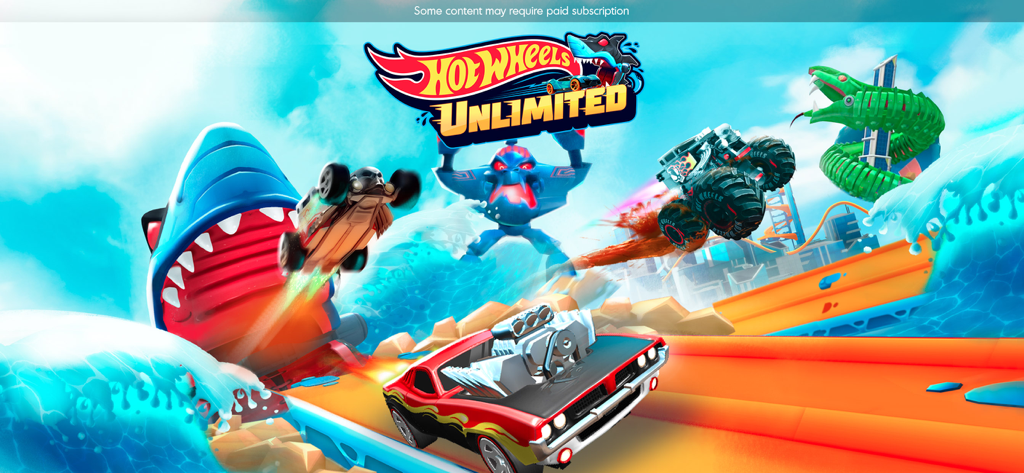 Hot Wheels cars and monster trucks racing on an orange stunt track with a giant shark and snake obstacle