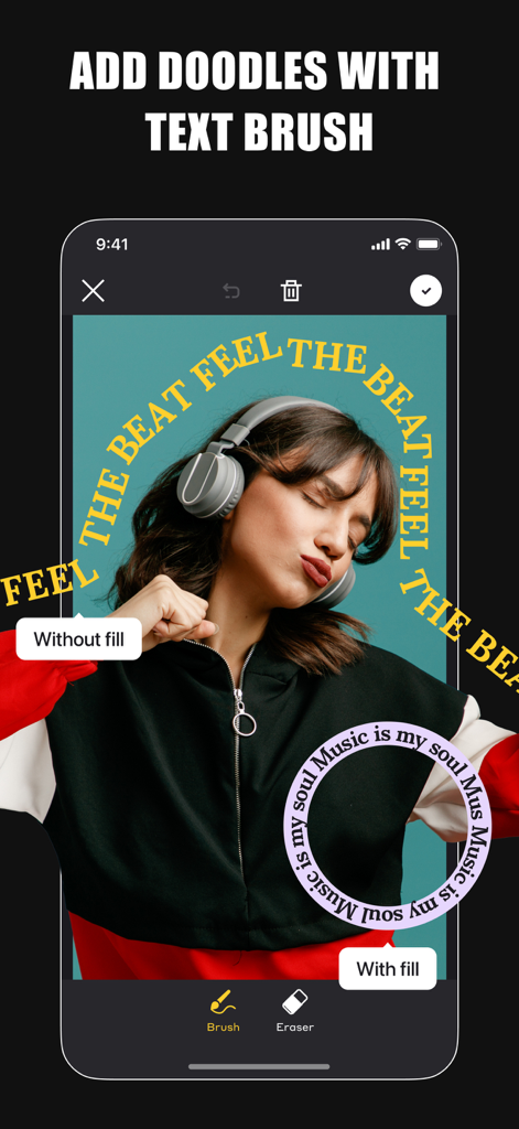 Ajout de gribouillis de texte courbes et circulaires à une photo à l'aide de l'outil de pinceau texte.