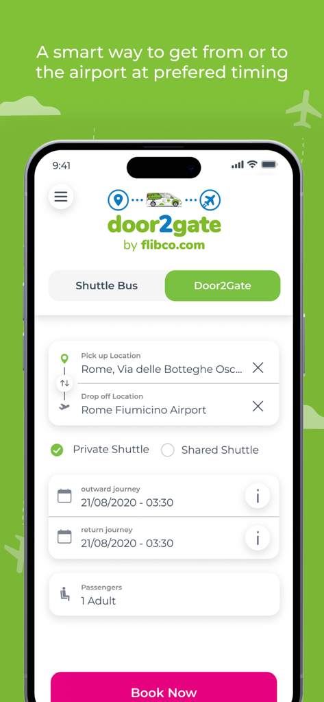 Booking interface for the Door2Gate airport transfer service in the flibco app showing a trip to Rome Fiumicino Airport.