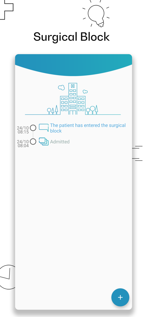 Smartphone-Bildschirm, der eine Zeitleiste von Patientenstatus-Updates in einem Operationssaal zeigt, einschließlich Aufnahme- und Eingangszeiten