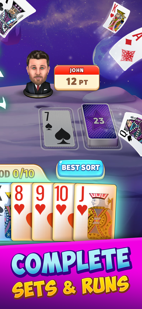 Gin Rummy Stars gameplay screen showing a hand of cards with a heart run and the text complete sets and runs