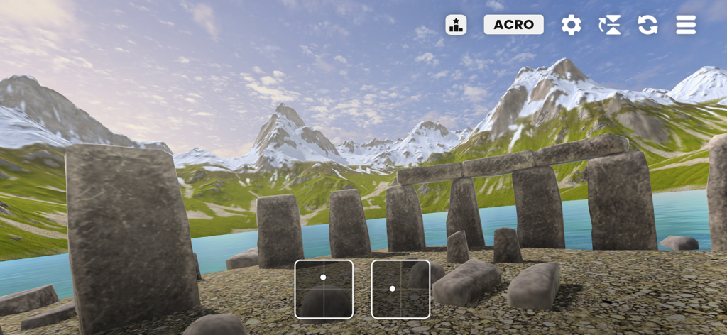 FeelFPV - Vista en primera persona de una simulación de vuelo de drones en un paisaje montañoso con estructuras de piedra y un lago