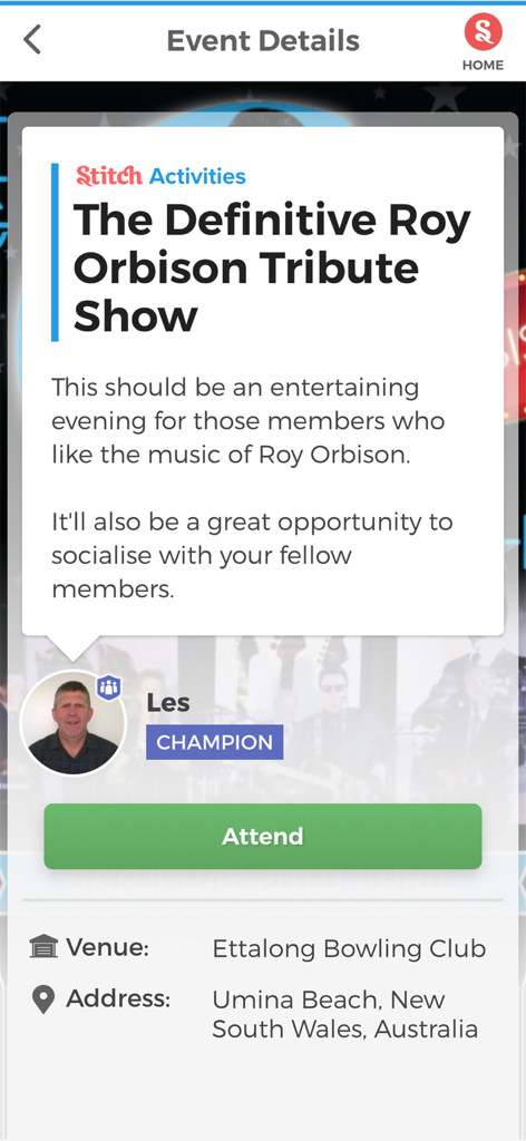 Event details screen in the Stitch app showing a Roy Orbison tribute show activity for seniors