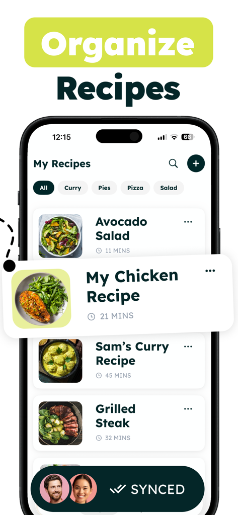 MealJar: Meal Planner - MealJarアプリのインターフェースには、整理されたレシピのリストと、家庭共有の同期ステータスが表示されています
