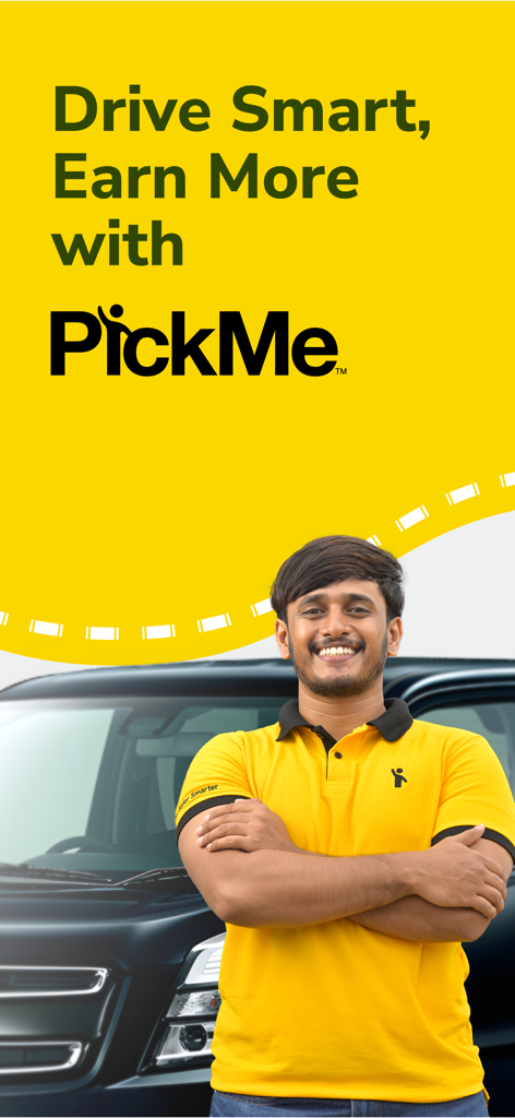 A smiling male driver partner in a yellow polo shirt standing in front of a vehicle with the PickMe logo