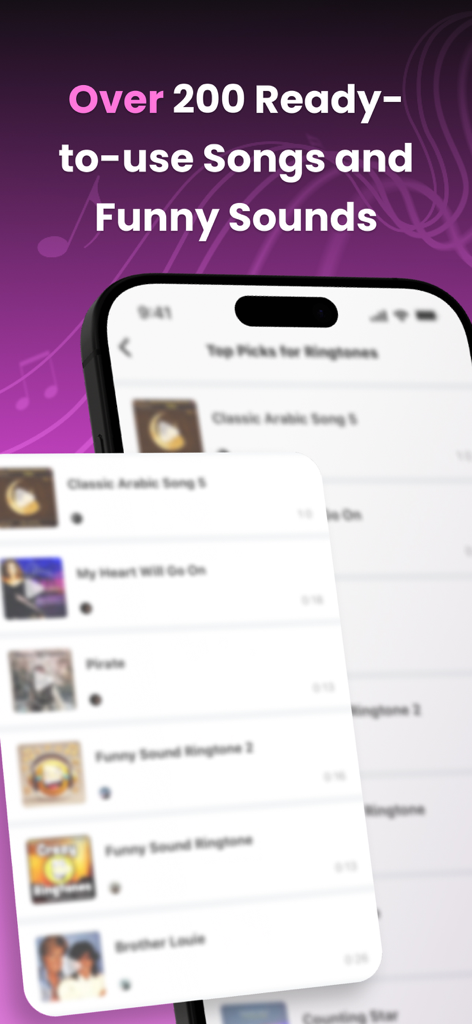 The Ringtoner Create Ringtones - Smartphone screen showing a library of over 200 ready to use songs and funny sounds for custom ringtones.